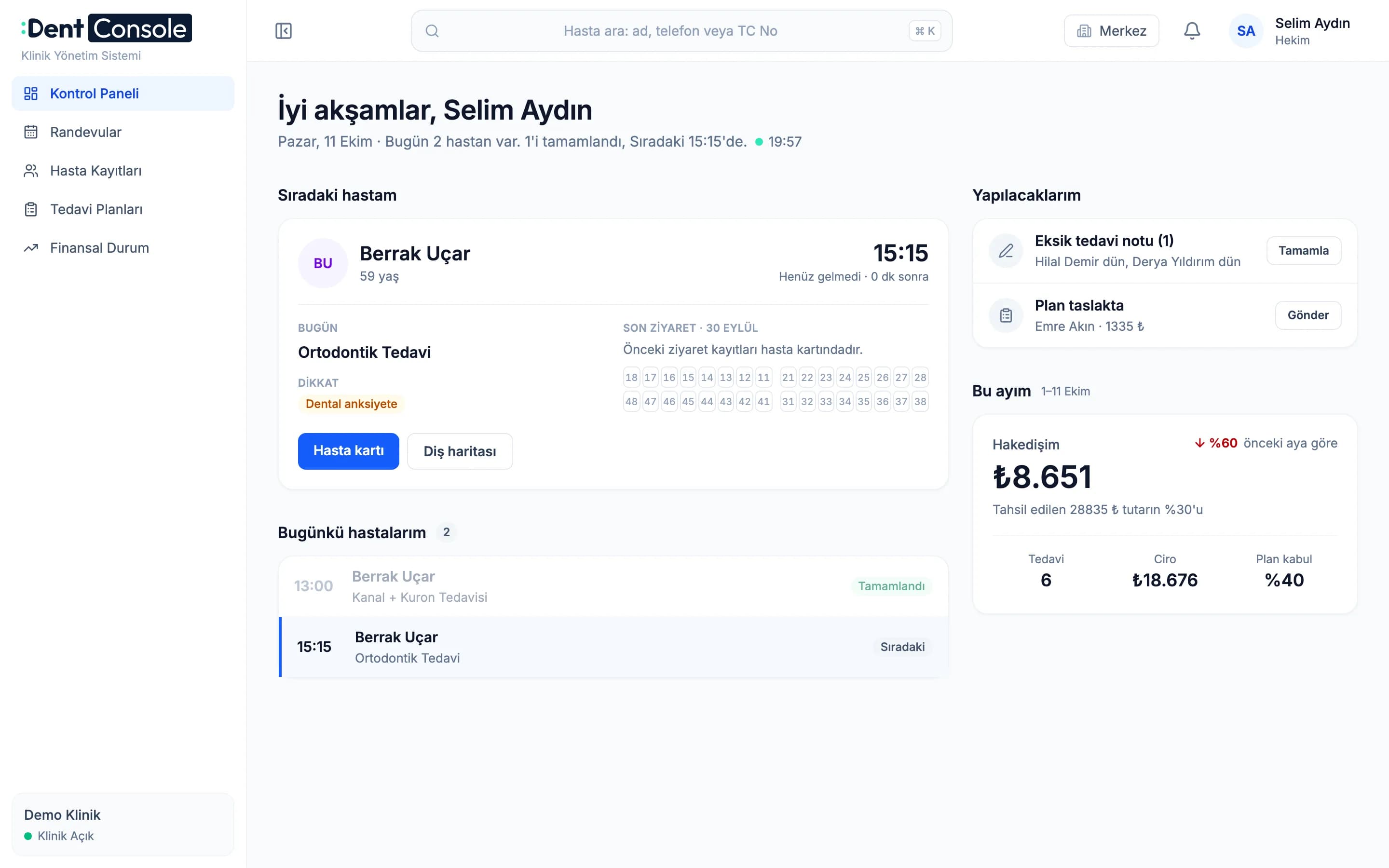 DentConsole hekim ekranı: sıradaki hasta kartı, alerjiler, diş haritası, günün hastaları ve bu ayın hakedişi.